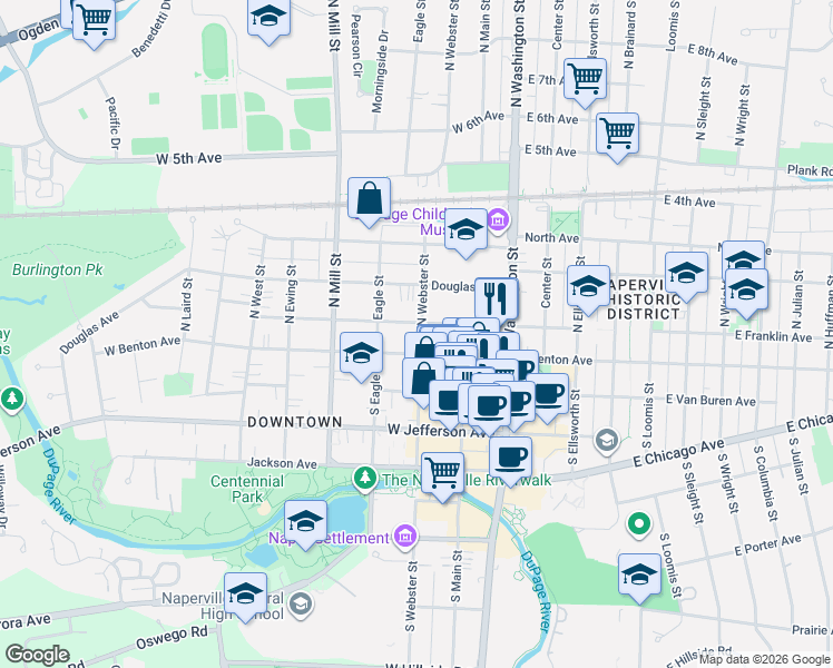 map of restaurants, bars, coffee shops, grocery stores, and more near 227 West Franklin Avenue in Naperville