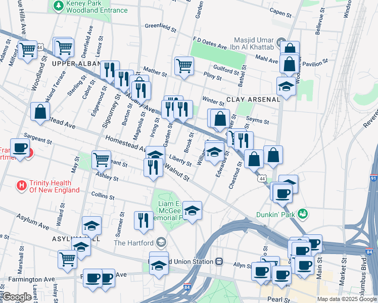 map of restaurants, bars, coffee shops, grocery stores, and more near 18 Brook Street in Hartford