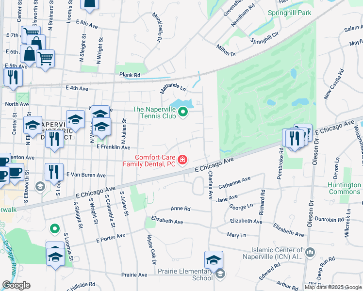 map of restaurants, bars, coffee shops, grocery stores, and more near 1013 East Benton Avenue in Naperville