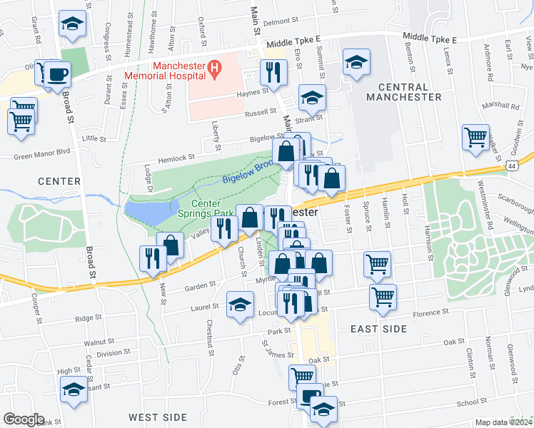 map of restaurants, bars, coffee shops, grocery stores, and more near 41 Center Street in Manchester
