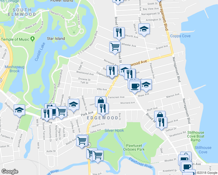 map of restaurants, bars, coffee shops, grocery stores, and more near 67 Warwick Avenue in Cranston