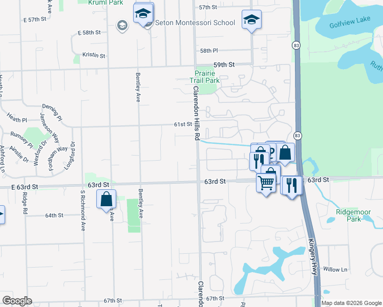 map of restaurants, bars, coffee shops, grocery stores, and more near 301 Chatelaine Court in Willowbrook