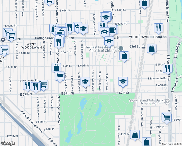 map of restaurants, bars, coffee shops, grocery stores, and more near 6532 South Greenwood Avenue in Chicago