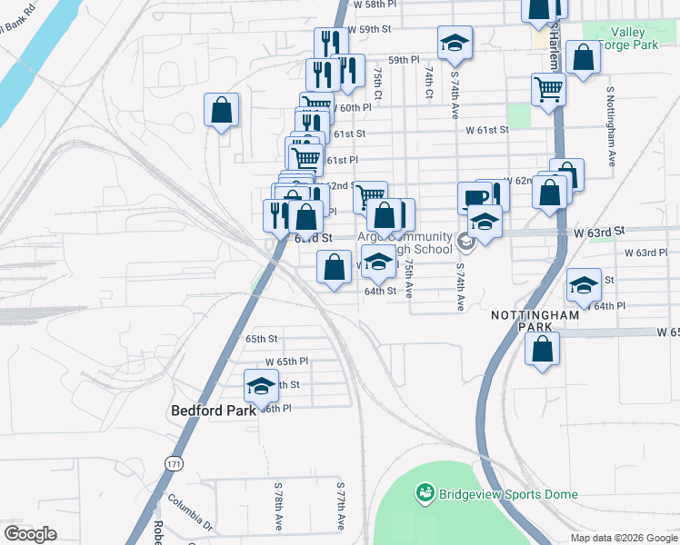 map of restaurants, bars, coffee shops, grocery stores, and more near 7620 West 63rd Place in Summit
