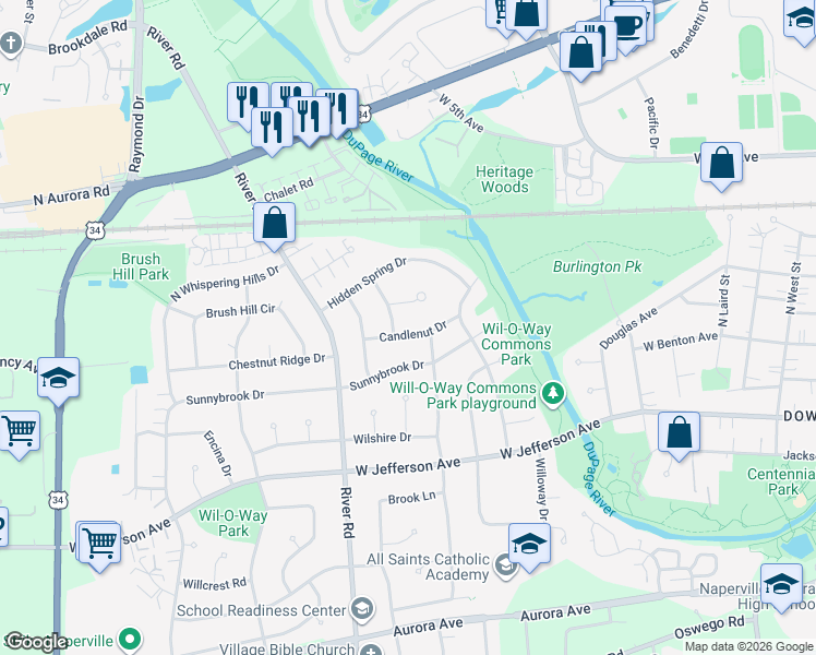map of restaurants, bars, coffee shops, grocery stores, and more near 1131 Candlenut Drive in Naperville