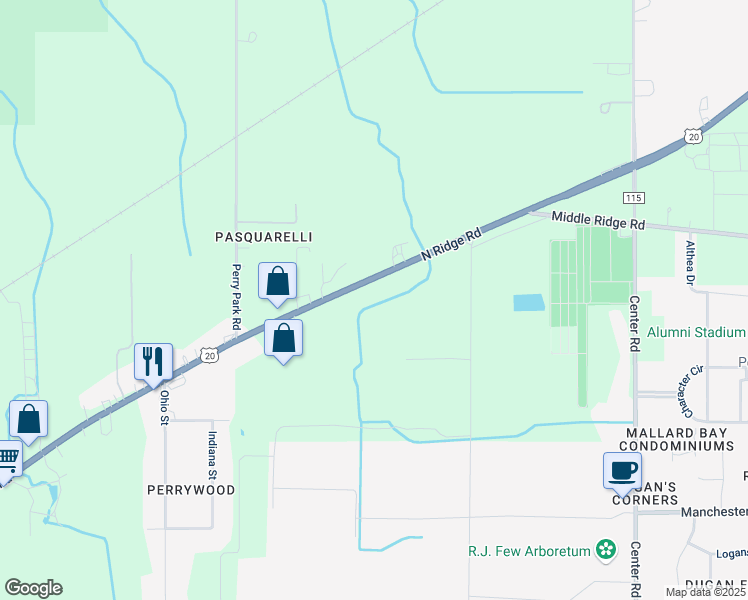 map of restaurants, bars, coffee shops, grocery stores, and more near 3564 North Ridge Road in Perry
