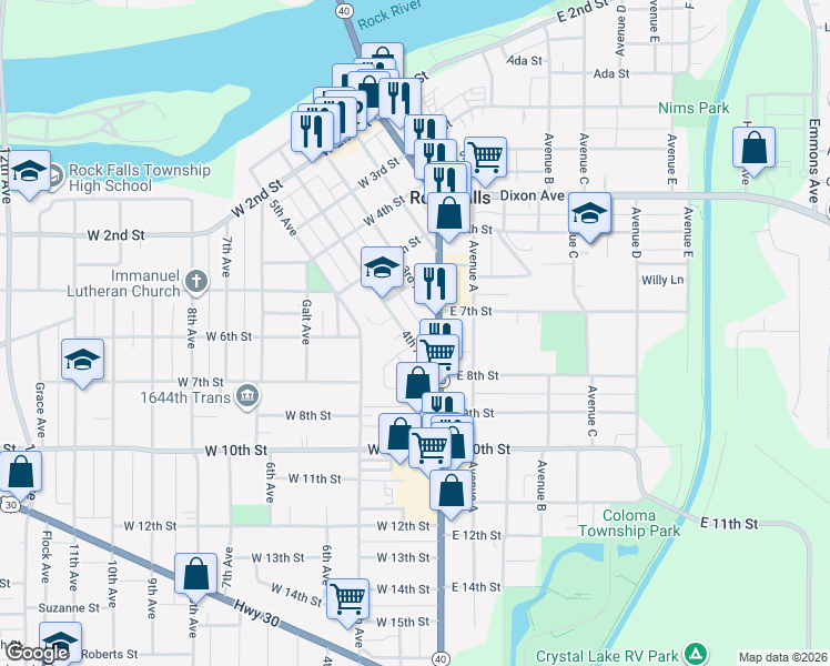 map of restaurants, bars, coffee shops, grocery stores, and more near 605 4th Avenue in Rock Falls