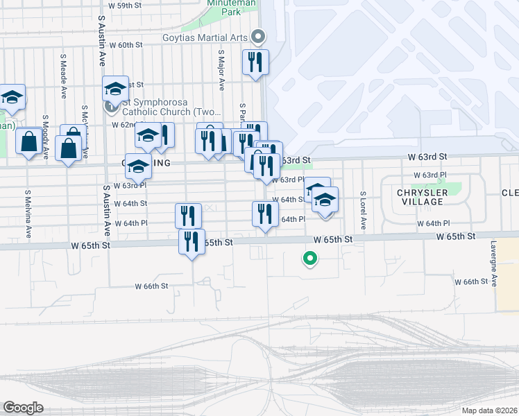 map of restaurants, bars, coffee shops, grocery stores, and more near 6352 South Central Avenue in Chicago