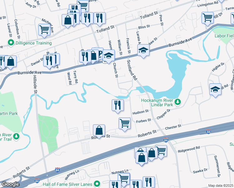 map of restaurants, bars, coffee shops, grocery stores, and more near 87 Church Street in East Hartford