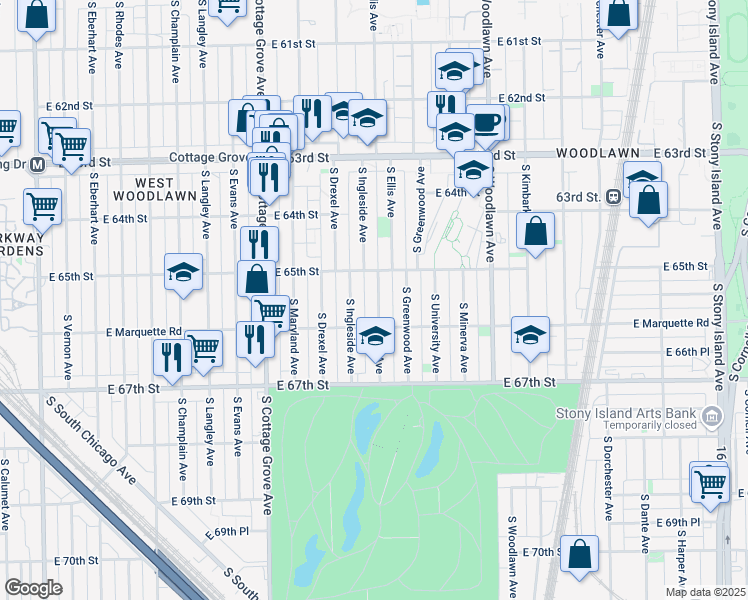 map of restaurants, bars, coffee shops, grocery stores, and more near 6504 South Ellis Avenue in Chicago