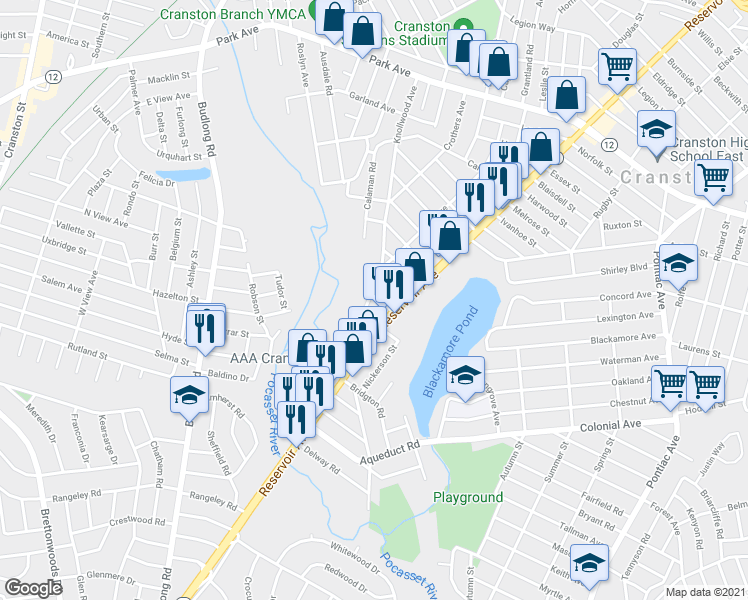 map of restaurants, bars, coffee shops, grocery stores, and more near 204 Knollwood Avenue in Cranston