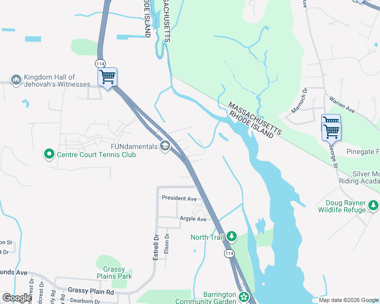 map of restaurants, bars, coffee shops, grocery stores, and more near 14 Jill Court in East Providence