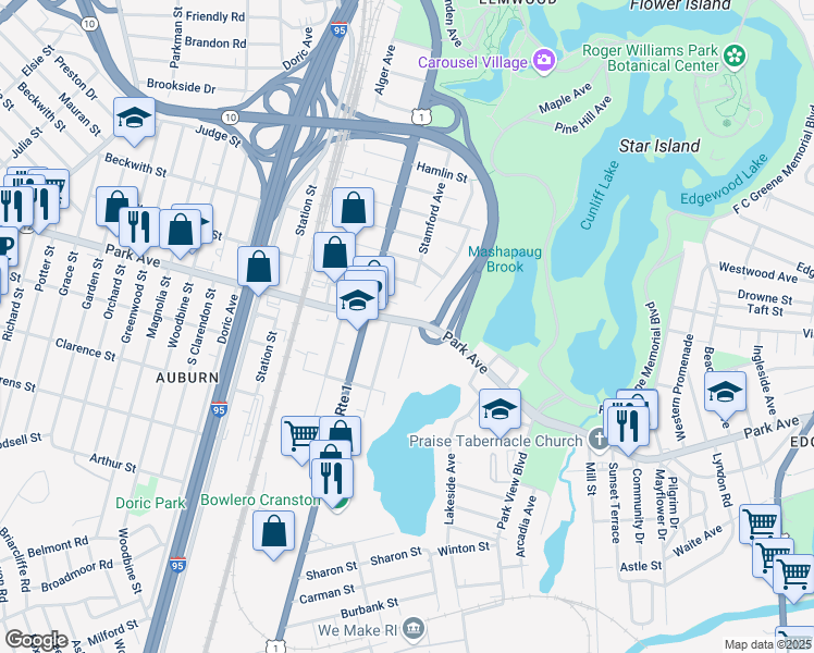 map of restaurants, bars, coffee shops, grocery stores, and more near 150 Stamford Avenue in Providence