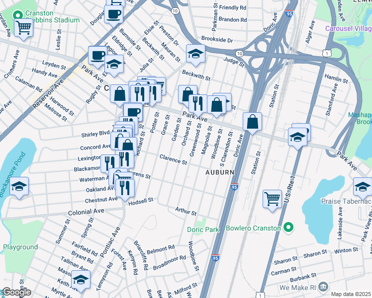 map of restaurants, bars, coffee shops, grocery stores, and more near 130 Auburn Street in Cranston