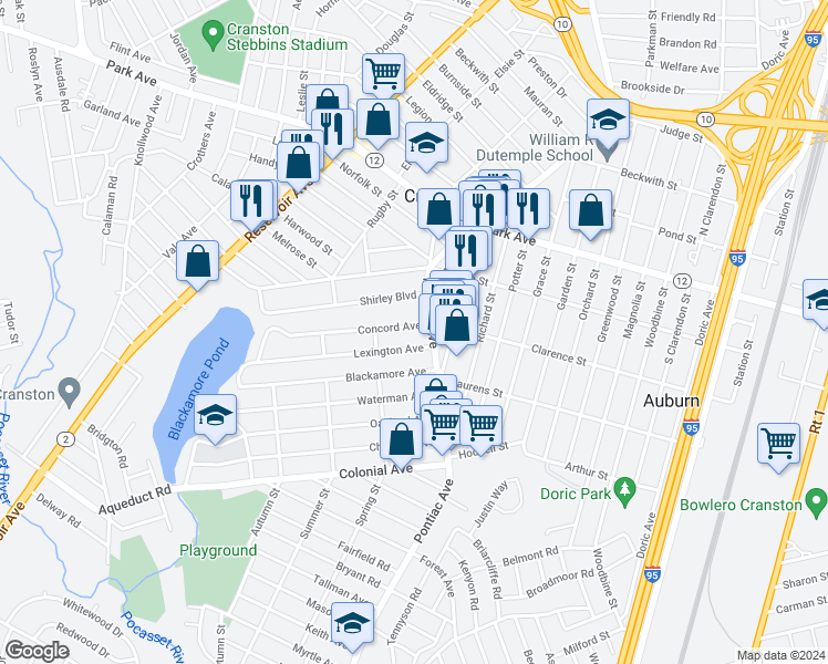 map of restaurants, bars, coffee shops, grocery stores, and more near 28 Shirley Boulevard in Cranston