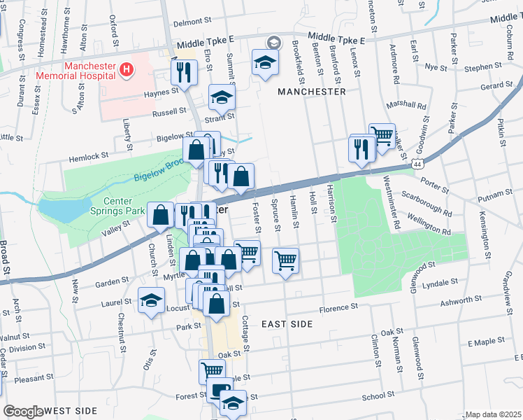 map of restaurants, bars, coffee shops, grocery stores, and more near 142 East Center Street in Manchester