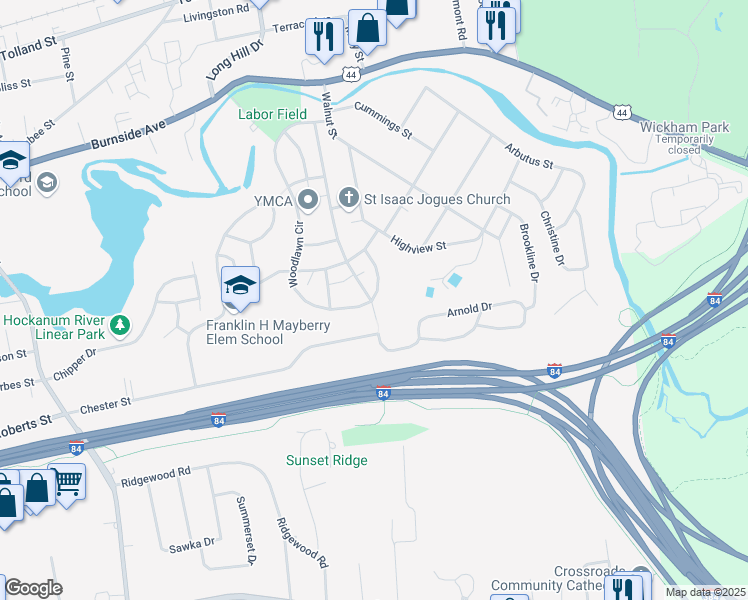 map of restaurants, bars, coffee shops, grocery stores, and more near 222 Woodlawn Circle in East Hartford