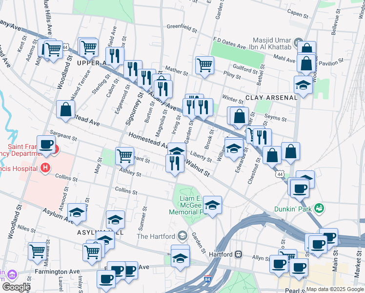 map of restaurants, bars, coffee shops, grocery stores, and more near 26 Irving Street in Hartford