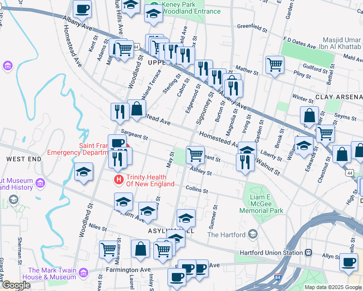 map of restaurants, bars, coffee shops, grocery stores, and more near 149 Homestead Avenue in Hartford