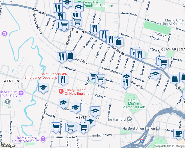 map of restaurants, bars, coffee shops, grocery stores, and more near 149 Homestead Avenue in Hartford