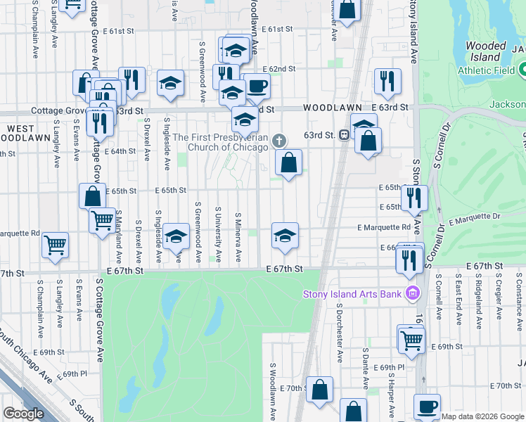 map of restaurants, bars, coffee shops, grocery stores, and more near 1213 East 65th Street in Chicago