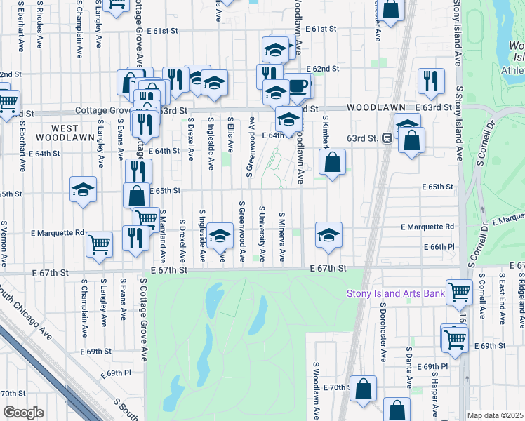 map of restaurants, bars, coffee shops, grocery stores, and more near 6517 South University Avenue in Chicago