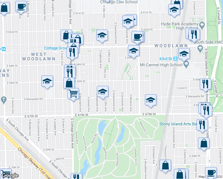 map of restaurants, bars, coffee shops, grocery stores, and more near 6506 South Greenwood Avenue in Chicago