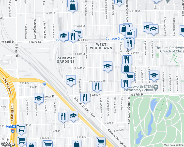 map of restaurants, bars, coffee shops, grocery stores, and more near 6502 South Rhodes Avenue in Chicago