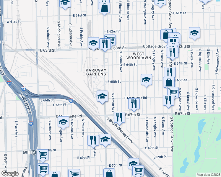 map of restaurants, bars, coffee shops, grocery stores, and more near 6501 South King Drive in Chicago