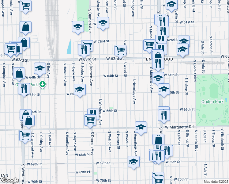 map of restaurants, bars, coffee shops, grocery stores, and more near 6438 South Honore Street in Chicago
