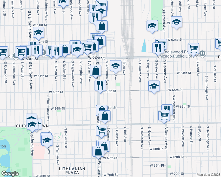 map of restaurants, bars, coffee shops, grocery stores, and more near 6428 South Claremont Avenue in Chicago