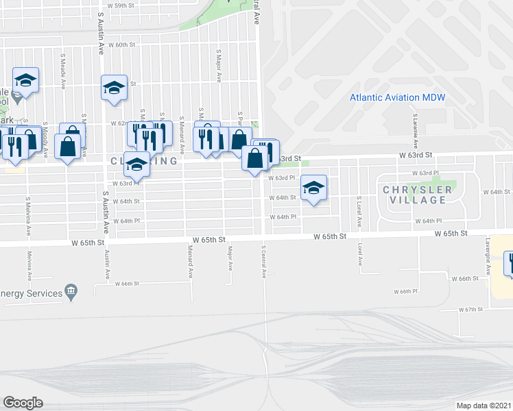 map of restaurants, bars, coffee shops, grocery stores, and more near 6352 South Central Avenue in Chicago