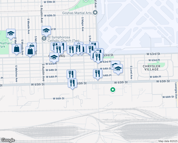 map of restaurants, bars, coffee shops, grocery stores, and more near 5644 West 64th Street in Chicago