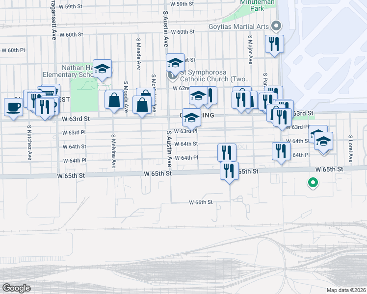 map of restaurants, bars, coffee shops, grocery stores, and more near 5910 West 64th Street in Chicago