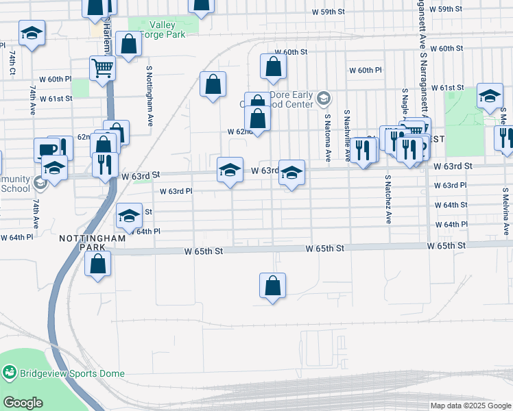 map of restaurants, bars, coffee shops, grocery stores, and more near 6825 West 63rd Place in Chicago