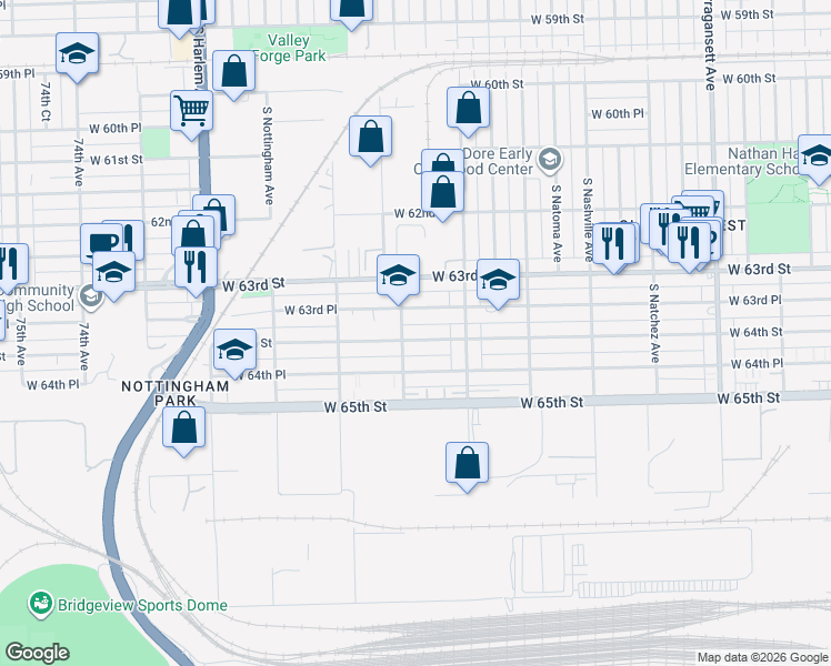 map of restaurants, bars, coffee shops, grocery stores, and more near 6917 West 63rd Place in Chicago