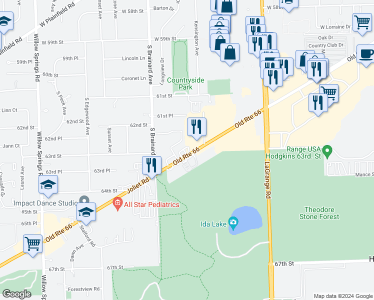 map of restaurants, bars, coffee shops, grocery stores, and more near 6301 Joliet Road in Countryside
