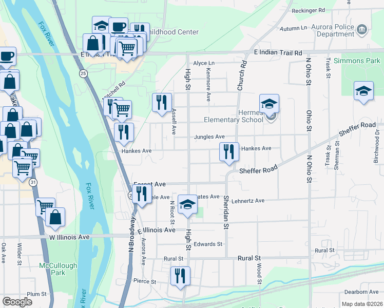 map of restaurants, bars, coffee shops, grocery stores, and more near 518 Hankes Avenue in Aurora
