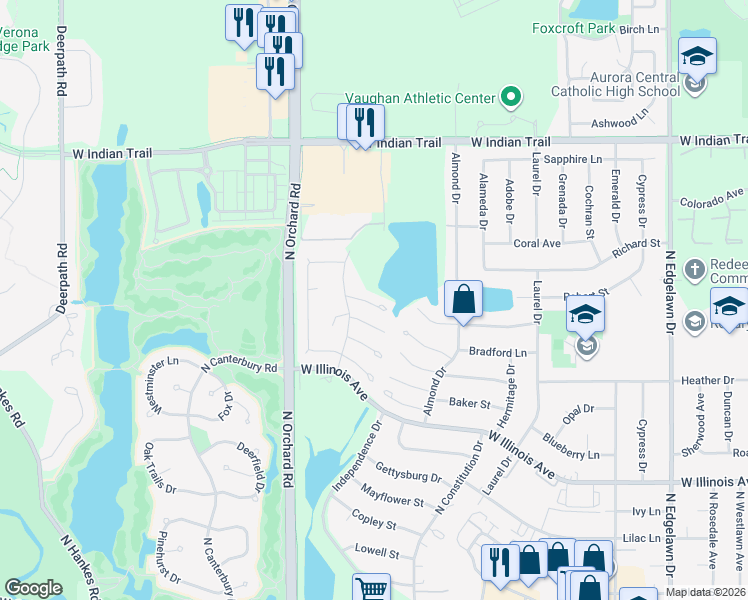 map of restaurants, bars, coffee shops, grocery stores, and more near 2405 Marigold Court in Aurora