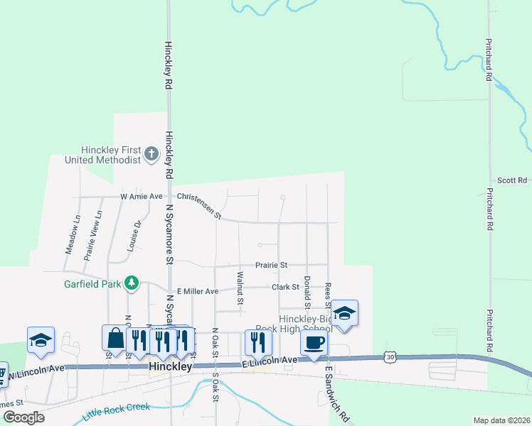 map of restaurants, bars, coffee shops, grocery stores, and more near 641 Coster Court in Hinckley