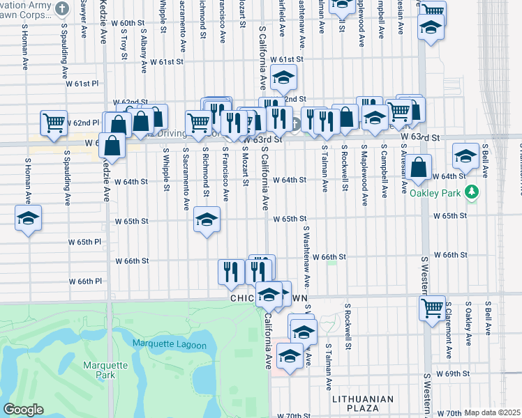 map of restaurants, bars, coffee shops, grocery stores, and more near 6425 South California Avenue in Chicago
