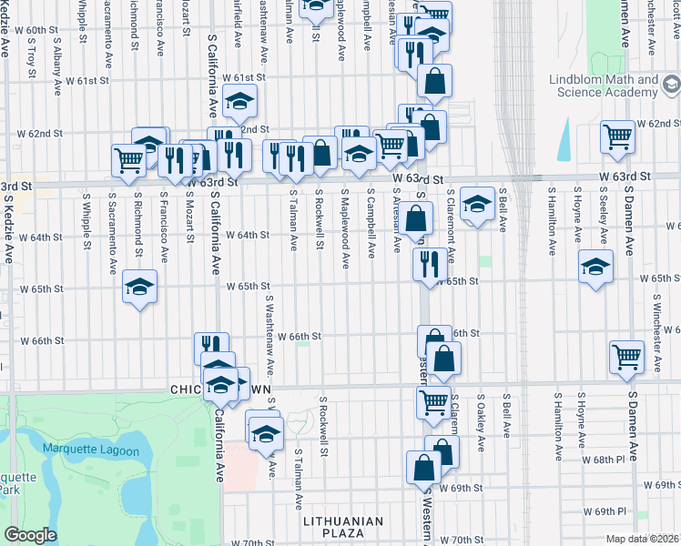 map of restaurants, bars, coffee shops, grocery stores, and more near 6429 South Maplewood Avenue in Chicago