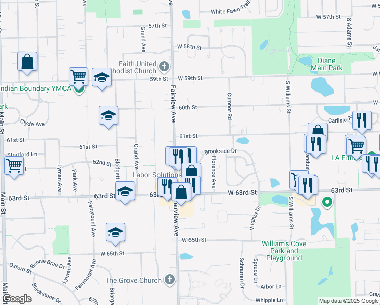 map of restaurants, bars, coffee shops, grocery stores, and more near 538 Creekwood Court in Westmont