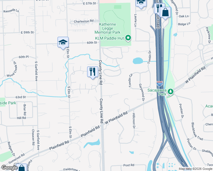 map of restaurants, bars, coffee shops, grocery stores, and more near 6181 County Line Road in Burr Ridge