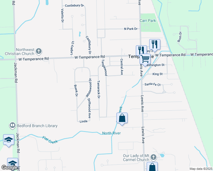 map of restaurants, bars, coffee shops, grocery stores, and more near 8725 Tanglewood in Temperance
