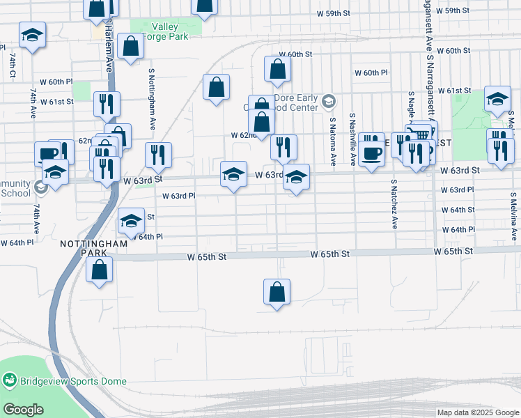map of restaurants, bars, coffee shops, grocery stores, and more near 6825 West 63rd Place in Chicago