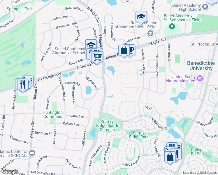 map of restaurants, bars, coffee shops, grocery stores, and more near 45 South Naper Boulevard in Naperville
