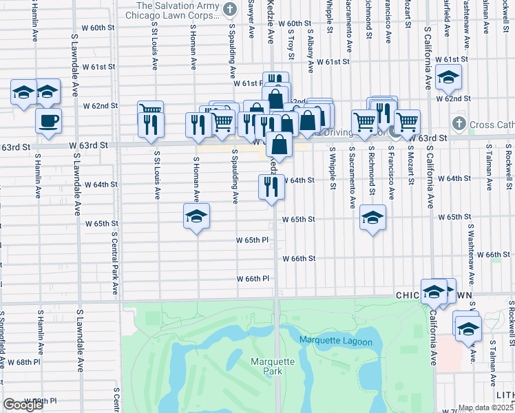map of restaurants, bars, coffee shops, grocery stores, and more near 3210 West 64th Place in Chicago