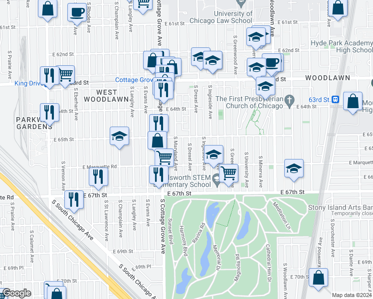 map of restaurants, bars, coffee shops, grocery stores, and more near 6526 South Drexel Avenue in Chicago