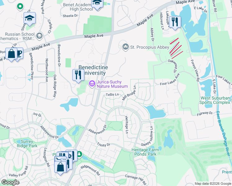 map of restaurants, bars, coffee shops, grocery stores, and more near 2140 Tellis Lane in Lisle